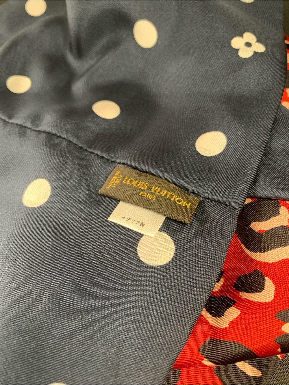 Louis Vuitton Navy Polka Dot Silk Scarf with Red Leopard Edge